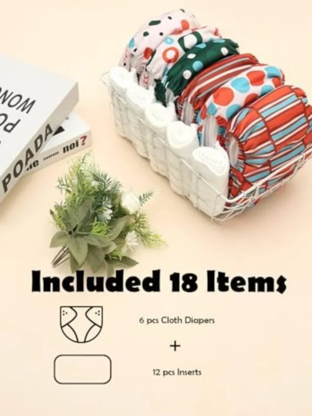 Adjustable Reusable Cloth Diaper Covers Set - 6 Pack with 12 Inserts, Washable